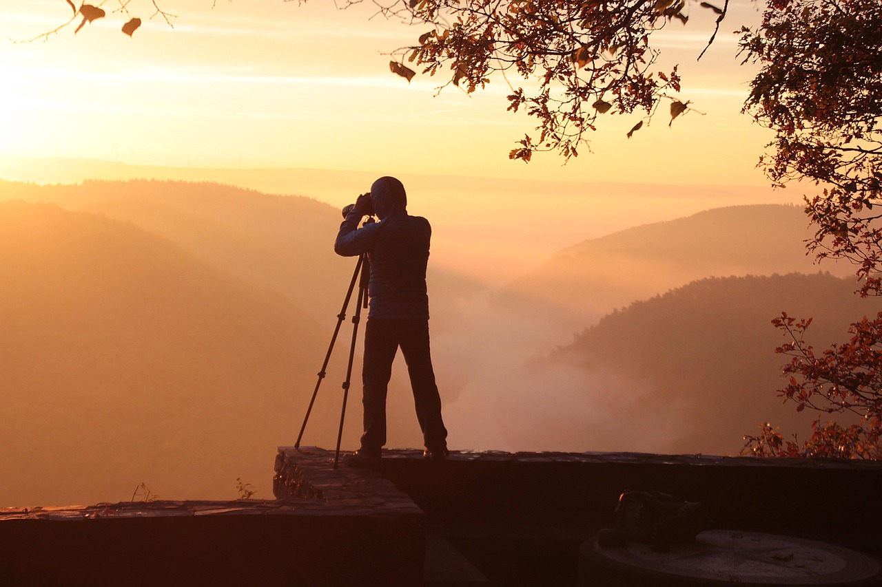 photographer, sunset, mountains, photography, landscape, fog, saar loop, saarschleife, sunrise, nature, man