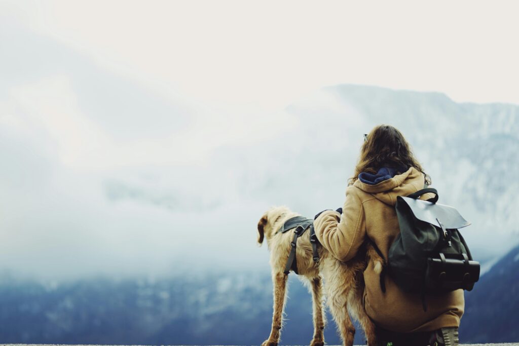 A woman and her dog enjoy a foggy mountain view, epitomizing hiking adventure.